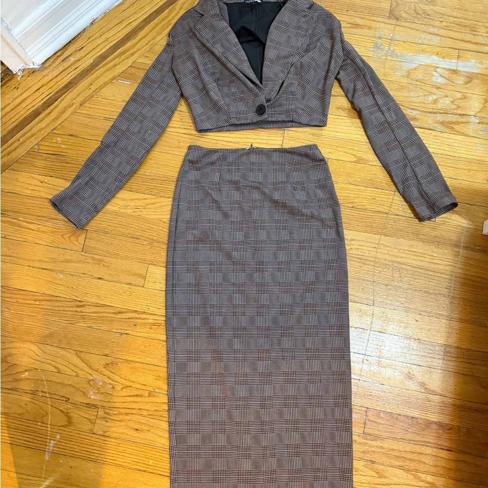 Fashion Nova Checkered Brown Maxi Skirt Set